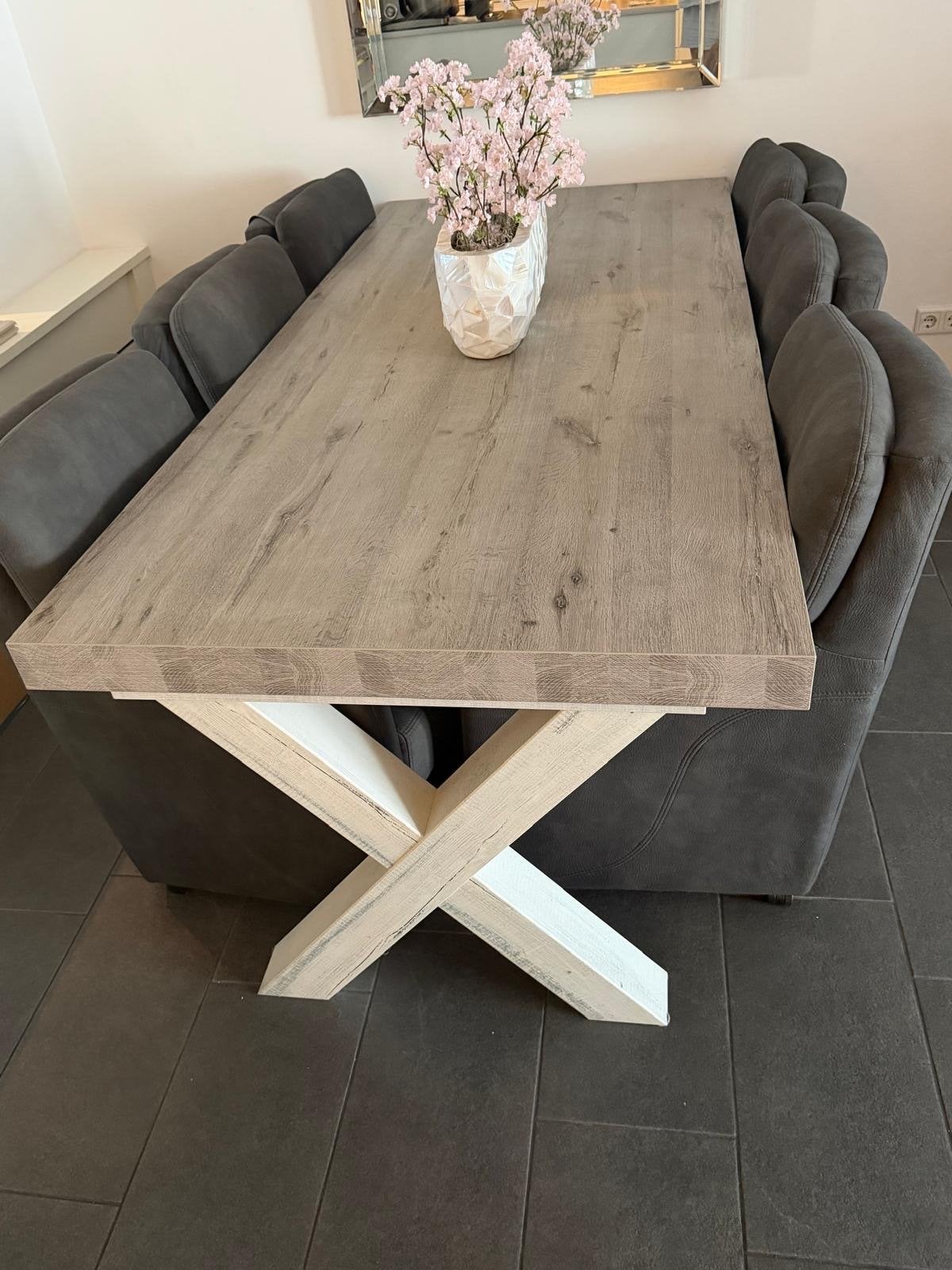 Moderne eettafel met kruispoot en 6 stoelen, Ophalen, 200 cm of meer, 50 tot 100 cm, Zo goed als nieuw