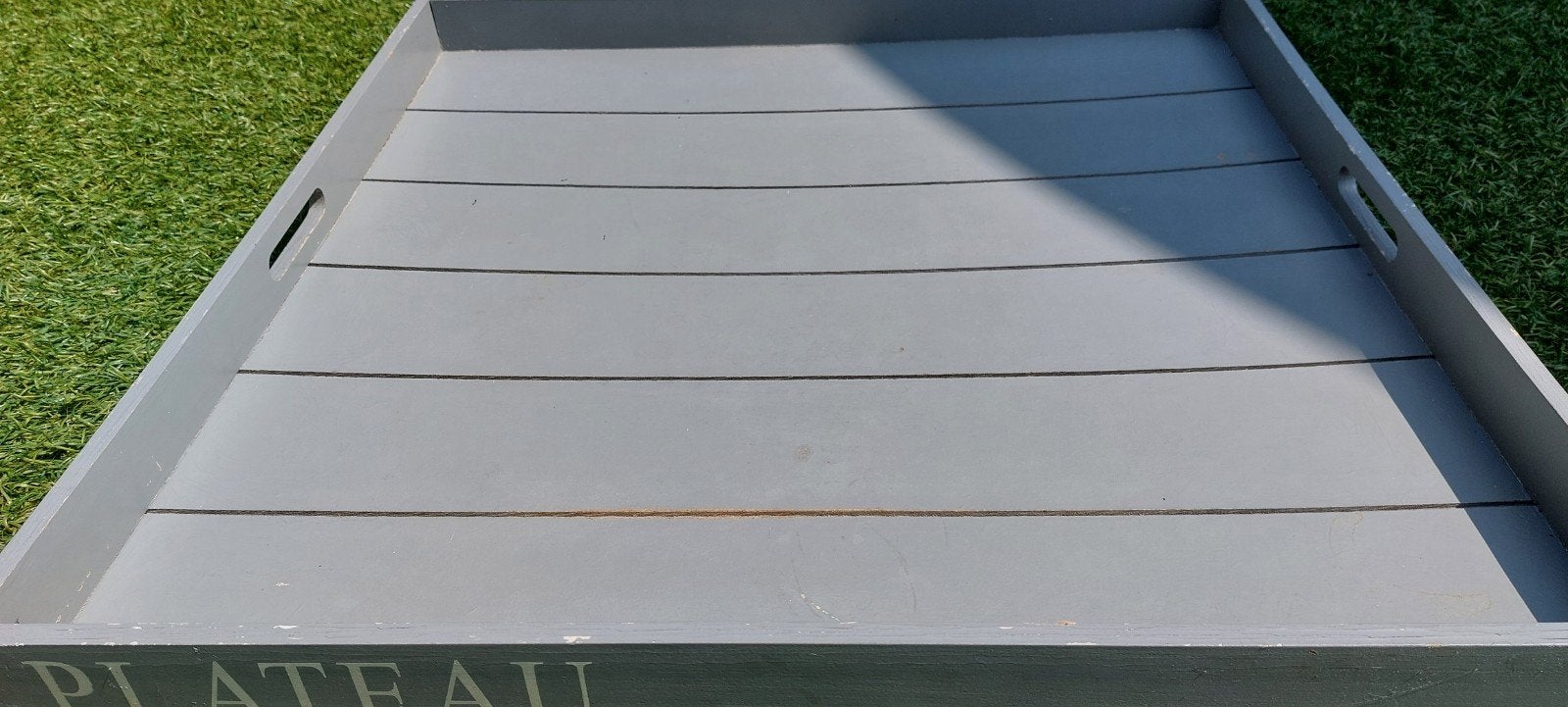 Grijze houten dienblad met 'PLATEAU' opdruk, Ophalen of Verzenden