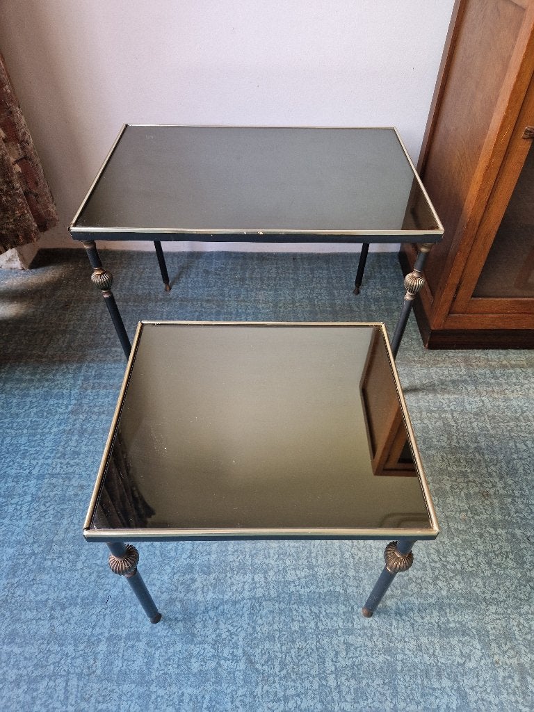 retro bijzettafeltjes set van 2 rookglas en messing pootjes, Ophalen, Huis en Inrichting