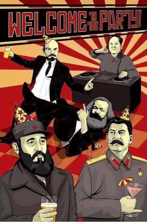 Poster.Welcome to the party.Stalin, Lenin. Castro, Mao, Marx, Verzamelen, Ophalen, Nieuw, Deurposter of groter, Overige onderwerpen