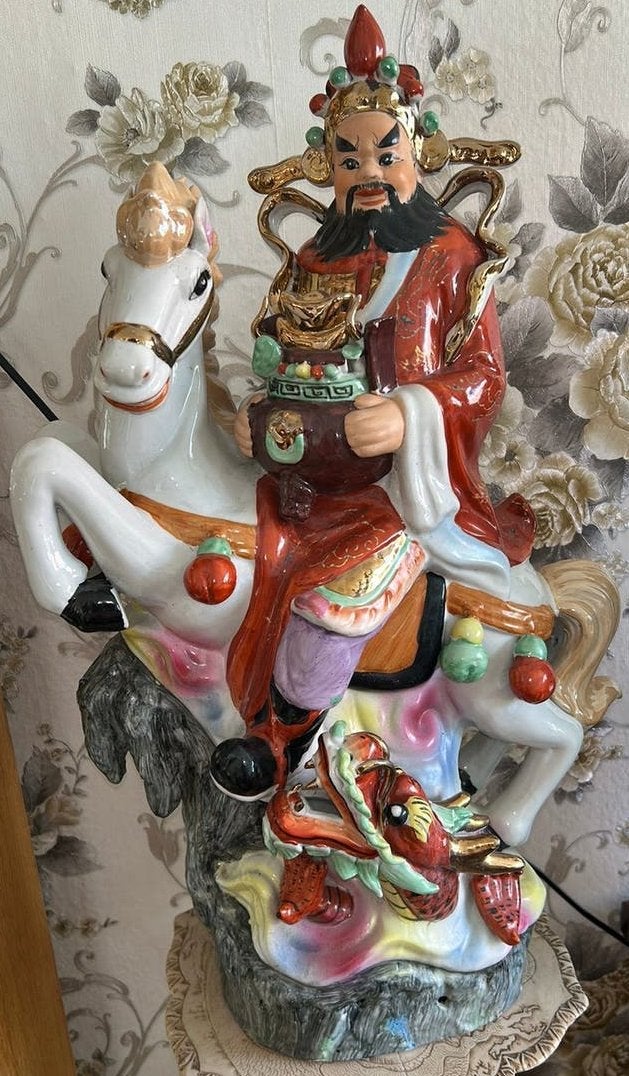 Guan Gong op een wit paard 55 cm hoog, Ophalen, Gebruikt, Mens