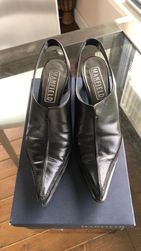 Manfield 36 zwart lederen pumps hakken, Zwart, Zo goed als nieuw, Manfield, Sandalen of Muiltjes