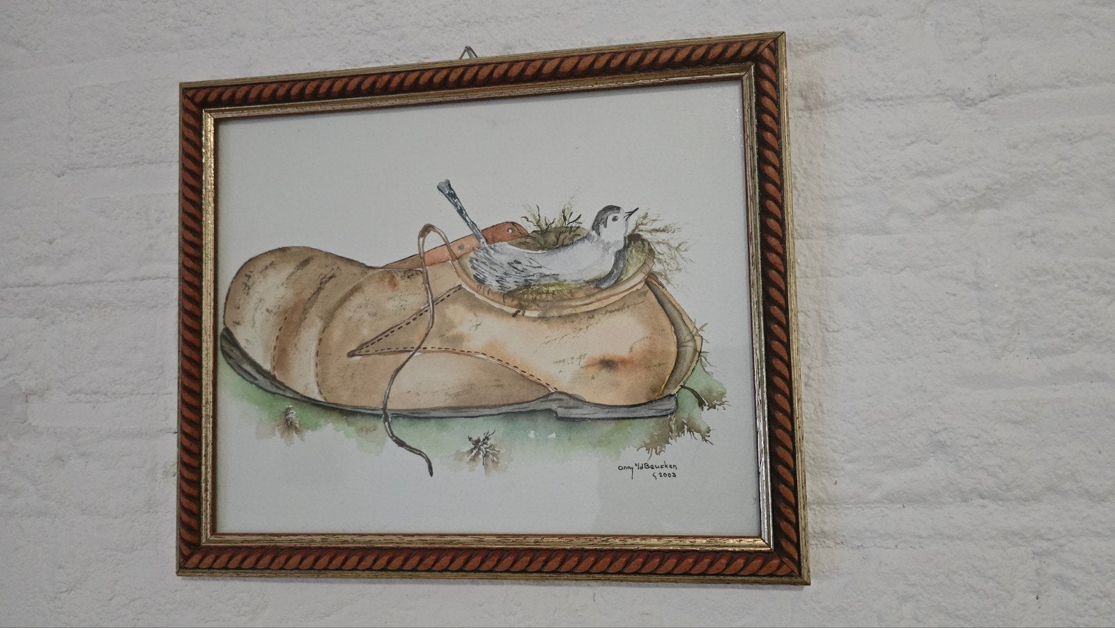 Kwikstaart in Schoen in Prachtige Goud/Kabel Lijst (28x23cm), Ophalen of Verzenden