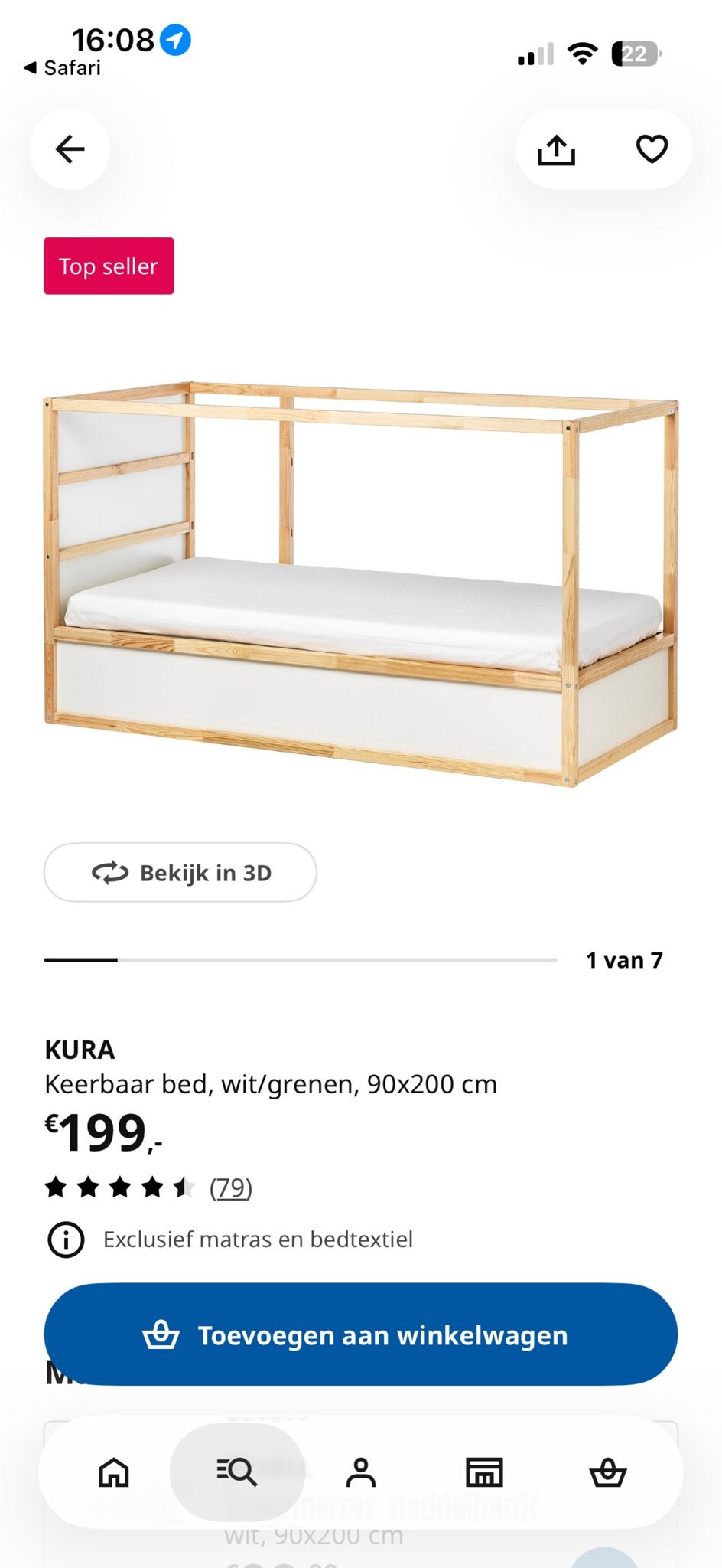 KURA Keerbaar bed, wit/grenen, 90x200 cm, Ophalen, Verstelbaar, 90 cm, Eenpersoons