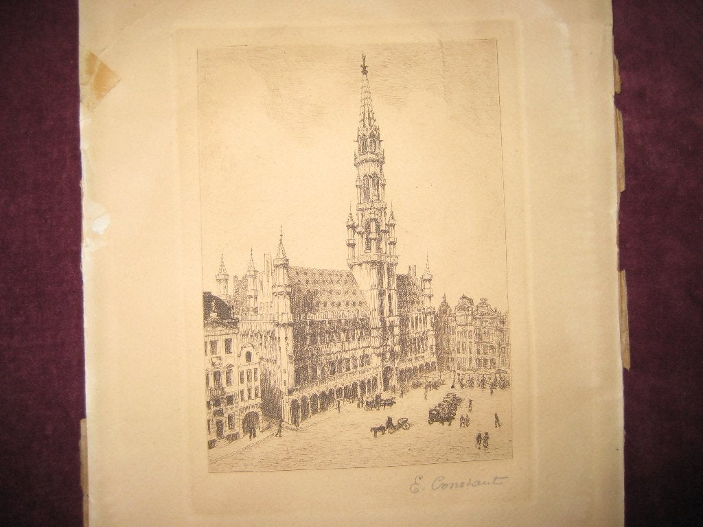 De Grote Markt van Brussel, heel oud blaad, 30x40 cm, Ophalen of Verzenden, Overige technieken