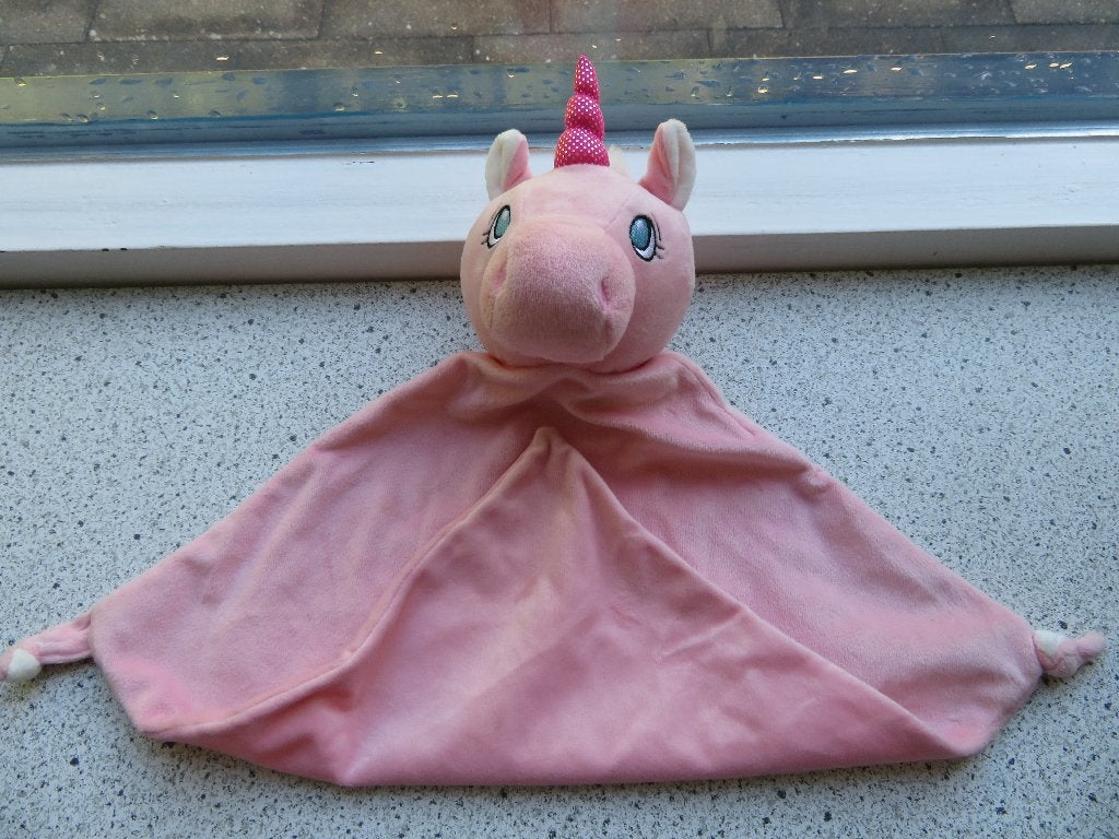 Roze velours knuffeldoek van een Unicorn eenhoorn, Eenhoorn, Ophalen of Verzenden, Zo goed als nieuw, Wasbaar