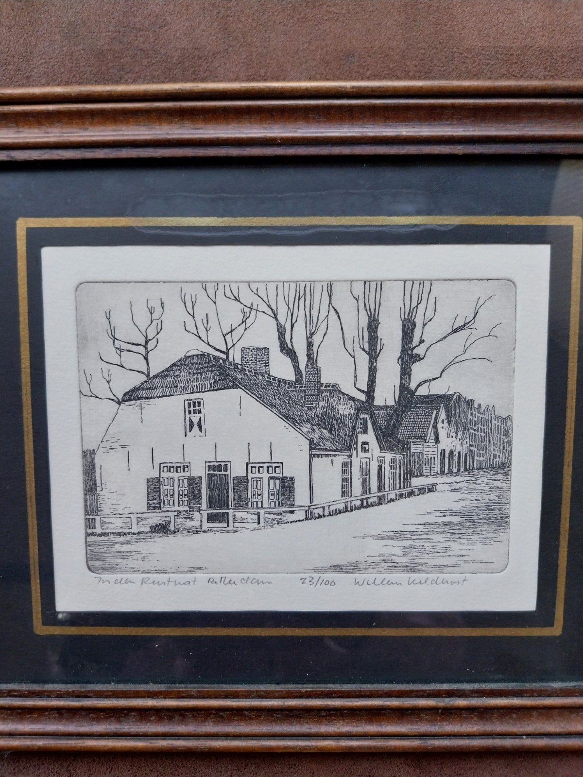 Ets 'In den Rustwat Rotterdam' van Willem Veldhorst, Ophalen, Ets, Stadsgezicht, Gesigneerd