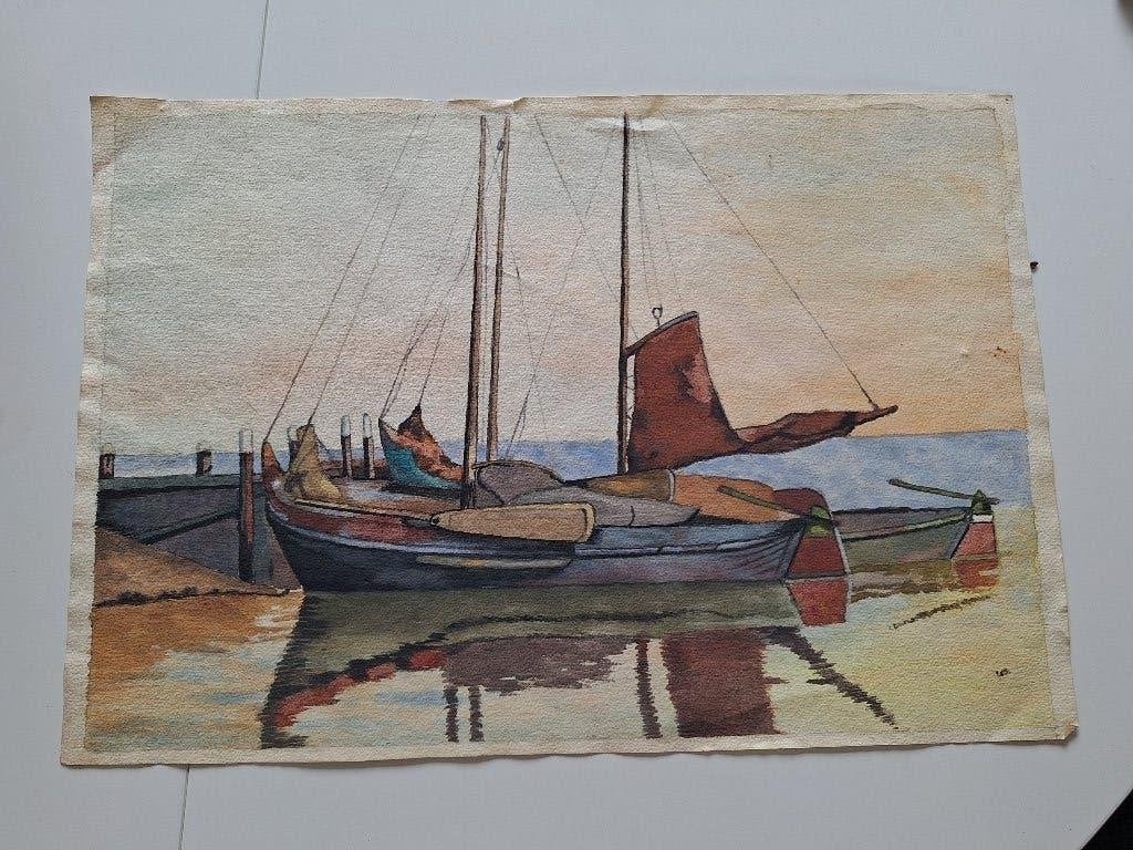 Aquarel van een Botter, Ophalen, Minder dan 50 cm, Oorspronkelijke maker, Zo goed als nieuw