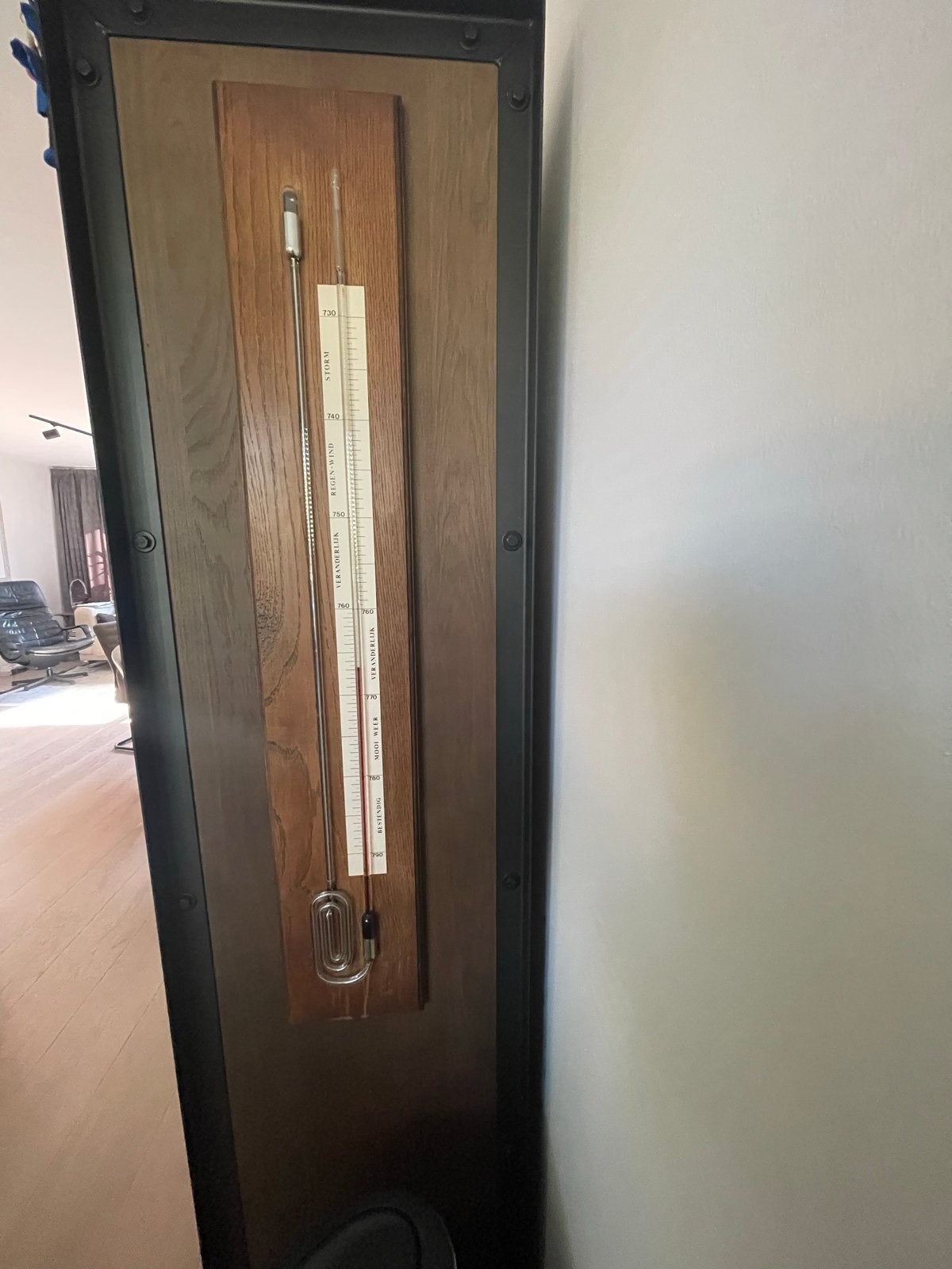 Antieke Kwik Barometer op Houten Paneel - 105 x 15 cm, Ophalen, Gebruikt, Barometer