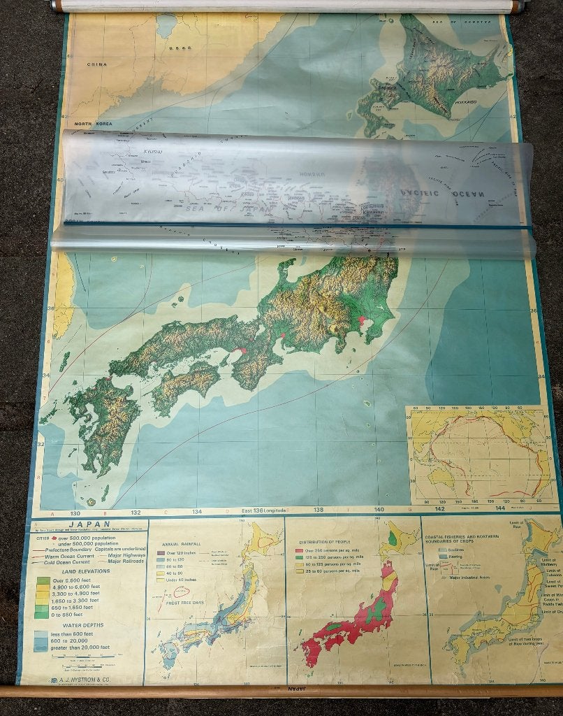 Oude landkaart Japan met info op los transparant vel., Gelezen, Ophalen of Verzenden, Landkaart, 1800 tot 2000