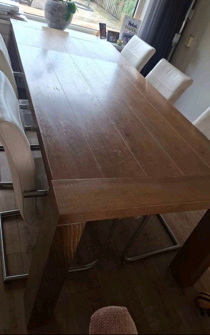 Eethoek uitschuifbare tafel met 6 leren stoelen, Ophalen, Gebruikt, 50 tot 100 cm, Vijf personen of meer