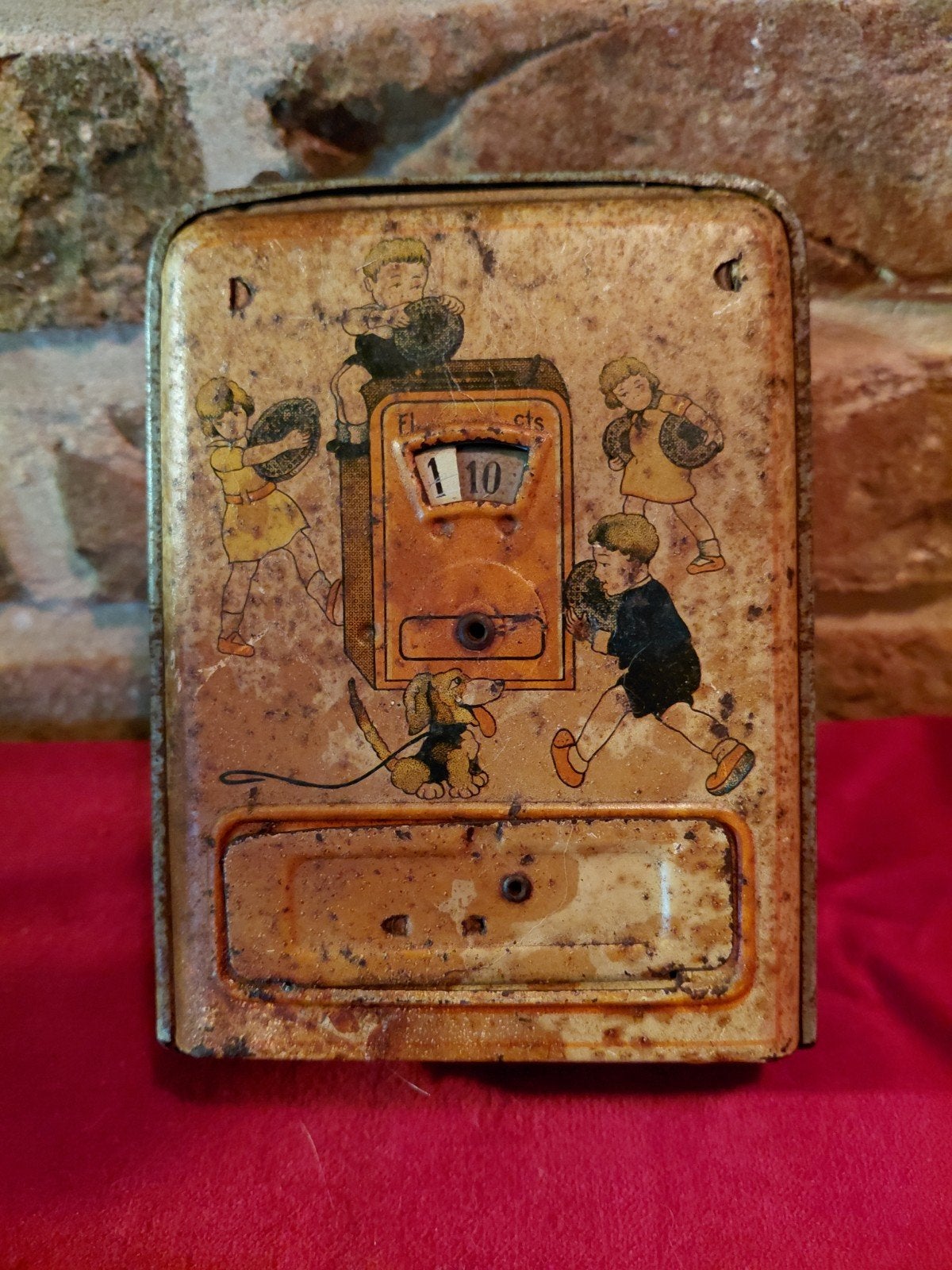 Vintage Spaarpot Blik met Kinderen en Hond - Jaren '50, Verzamelen, Spaarpotten, Gebruikt, Overige thema's, Metaal of Blik, Ophalen of Verzenden
