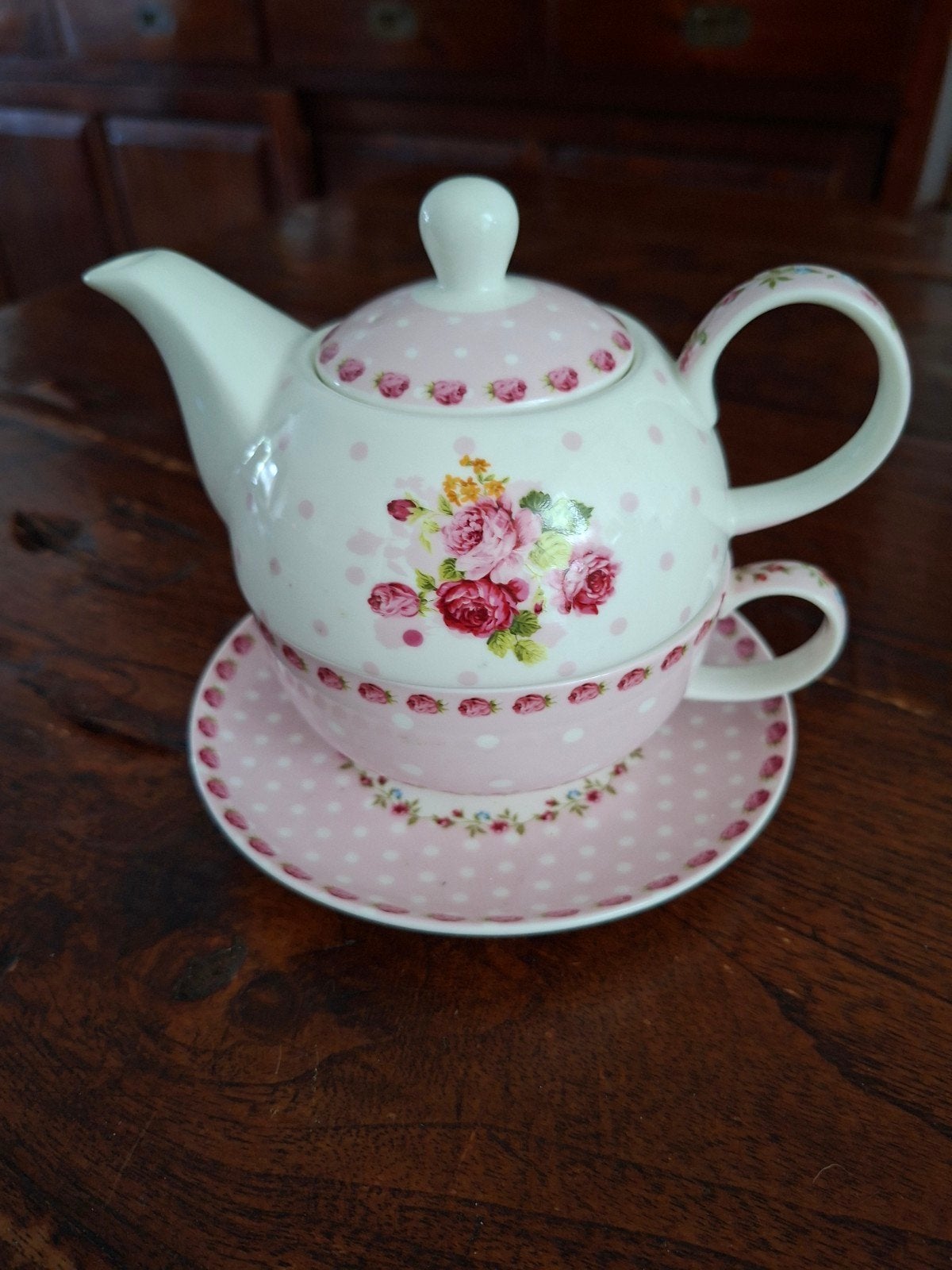 Romantische Tea for One set - Roze met stippen en rozen, Keramiek, Ophalen of Verzenden, Zo goed als nieuw, Overige stijlen