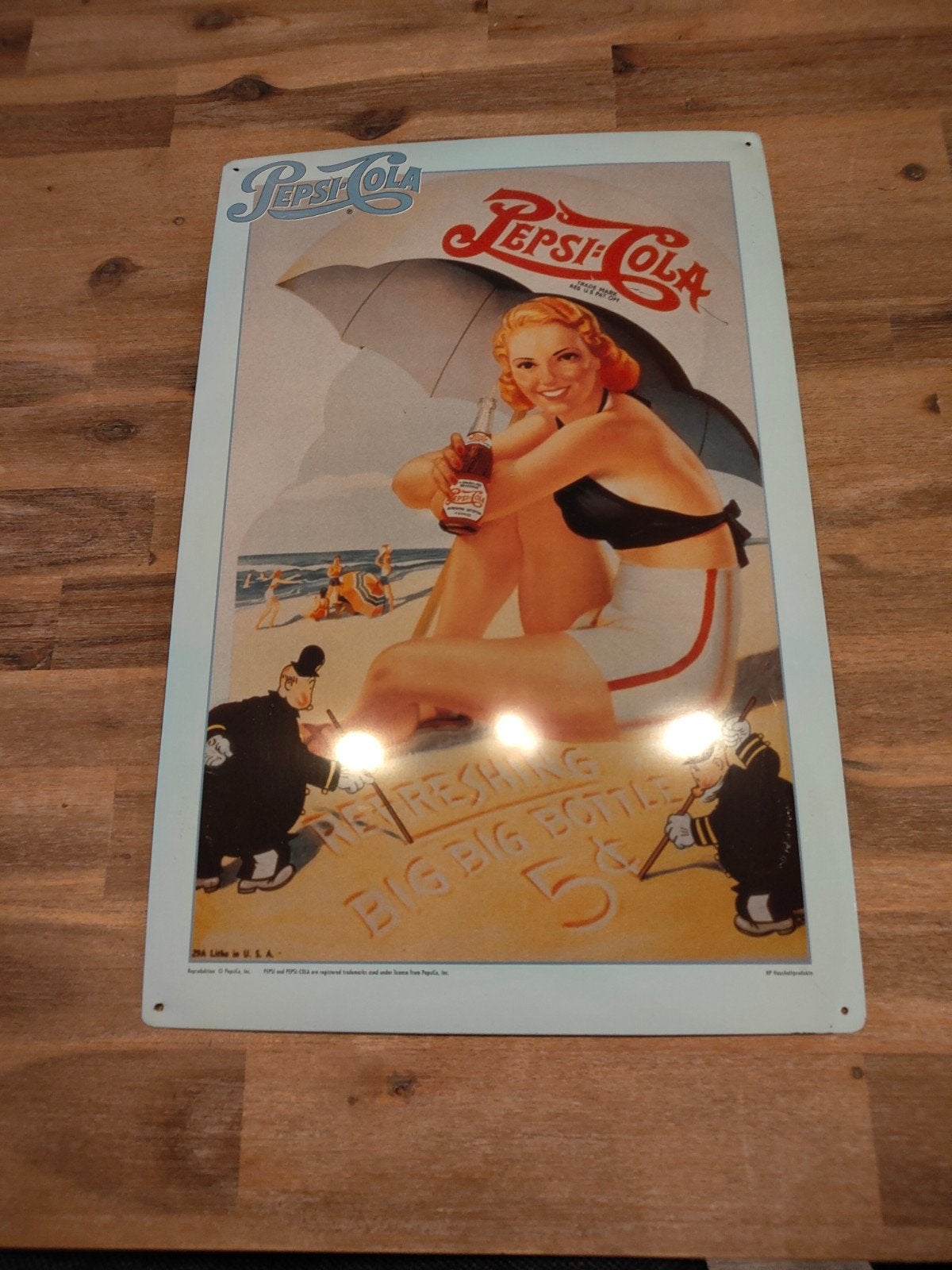 Vintage Pepsi-Cola reclamebord - Pin-up op strand, Ophalen of Verzenden