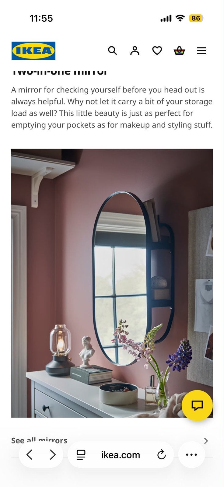 IKEA LINDbyn spiegel met opbergruimte, 40x70 cm, zwart, Ophalen of Verzenden, Zo goed als nieuw, Ovaal, Minder dan 50 cm