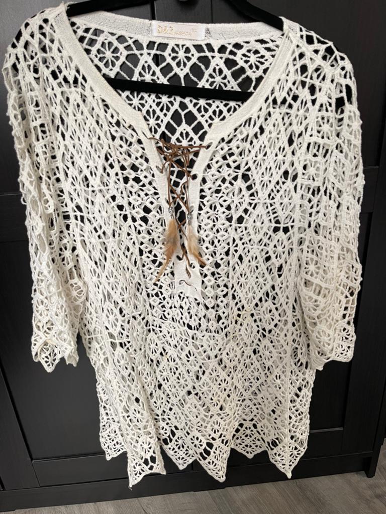 Hippe Boho Ibiza tuniek wit opengewerkt “””, Kleding | Dames, Blouses en Tunieken, Ophalen of Verzenden, Zo goed als nieuw, Maat 38/40 (M)