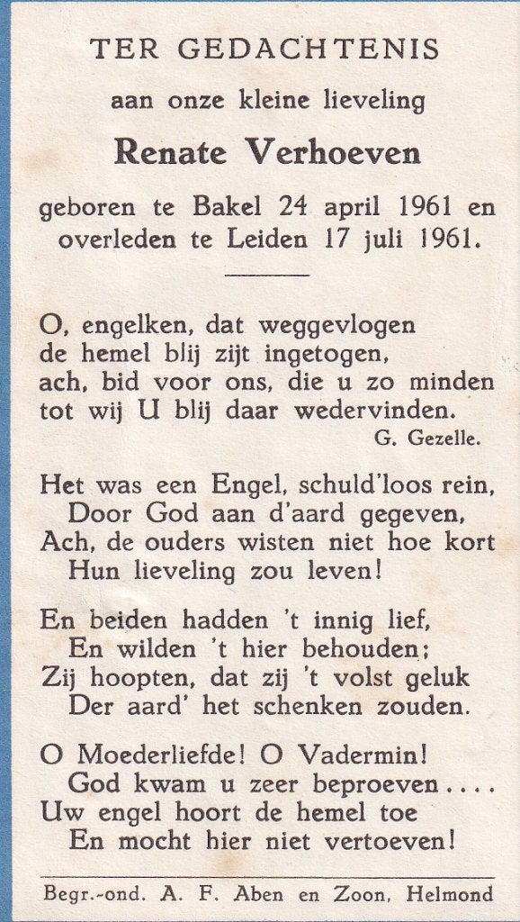 Verhoeven Renate 1961 Bakel 1961 Leiden, Verzamelen, Bidprentjes en Rouwkaarten, Ophalen of Verzenden, Bidprentje