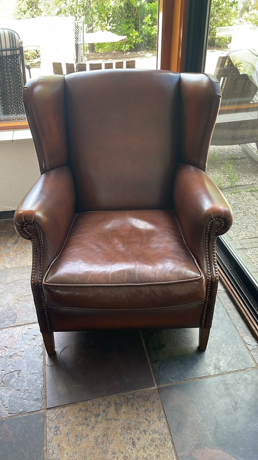Leren stoel 2x, Huis en Inrichting, Fauteuils, Ophalen, Zo goed als nieuw, 75 tot 100 cm, 50 tot 75 cm