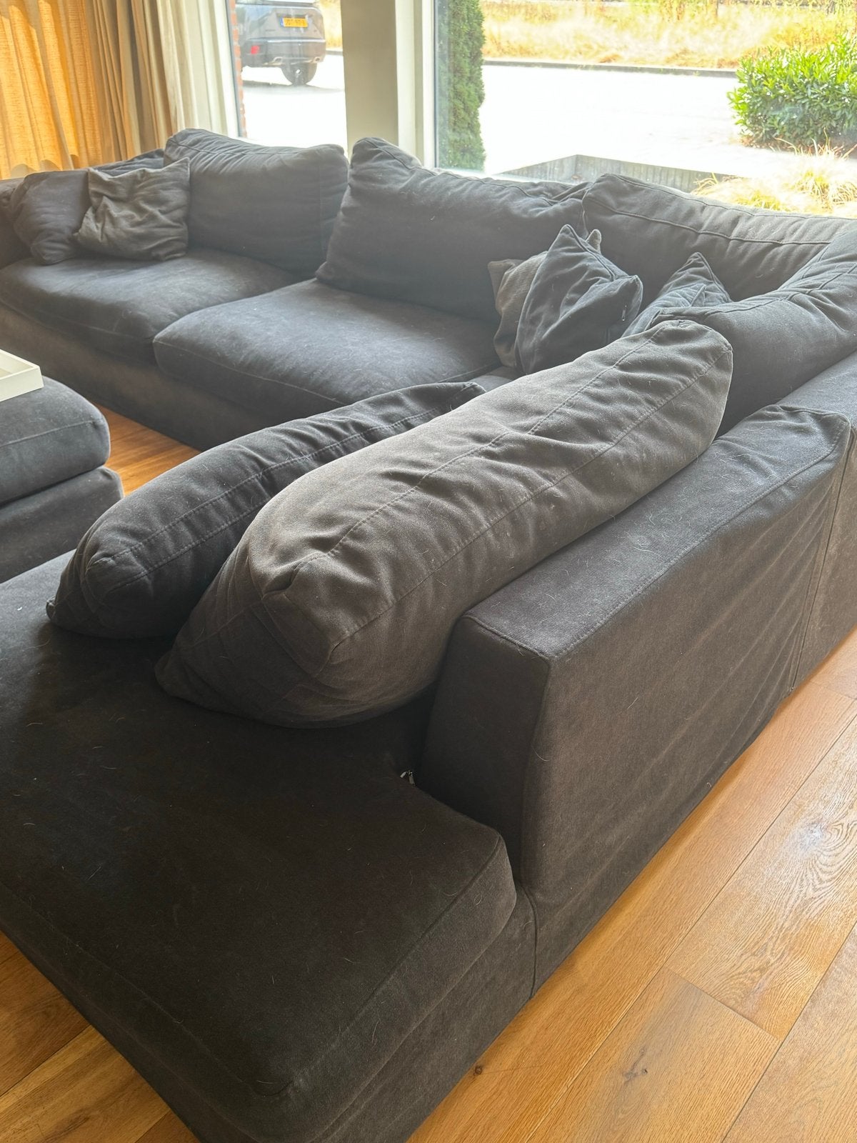 Gebruikte Hoekbank met Hocker - Hoezen Wasbaar, Ophalen, Gebruikt, 100 tot 125 cm, Hoekbank