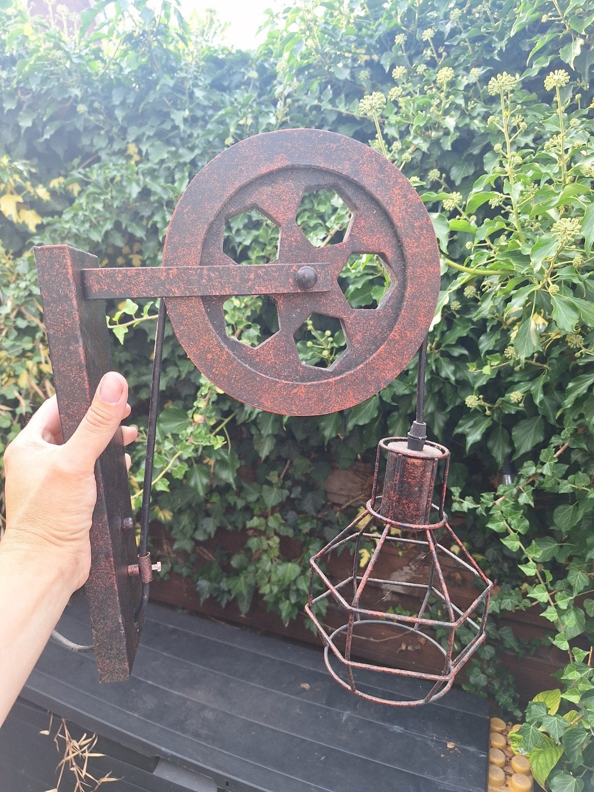 2x Industriële Katrol Wandlamp - Vintage Stijl, Gebruikt, Bruin, Overige fittingen, Ophalen of Verzenden