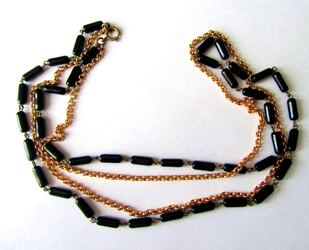 Mooie Vintage Boheems glazen kralen ketting zwart goud kleur, Verzenden, Zo goed als nieuw, Zwart, Overige materialen