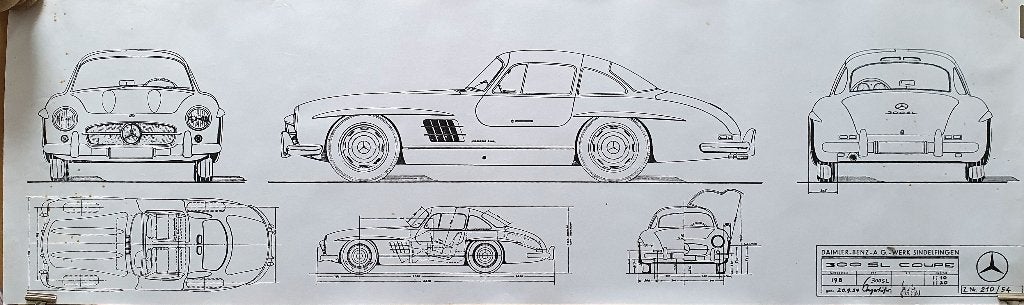 Mercedes-Benz 300 SL Coupé (Gullwing) Blueprint Poster 1954, Gebruikt, Verzenden, Deurposter of groter, Rechthoekig Liggend
