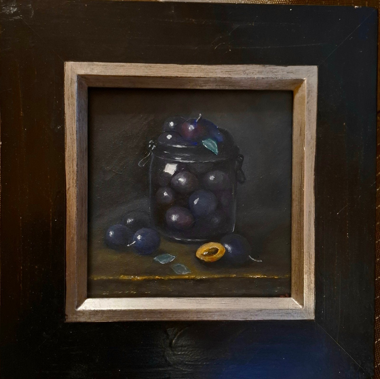 schilderij olieverf pruimen in weckfles, Ophalen of Verzenden