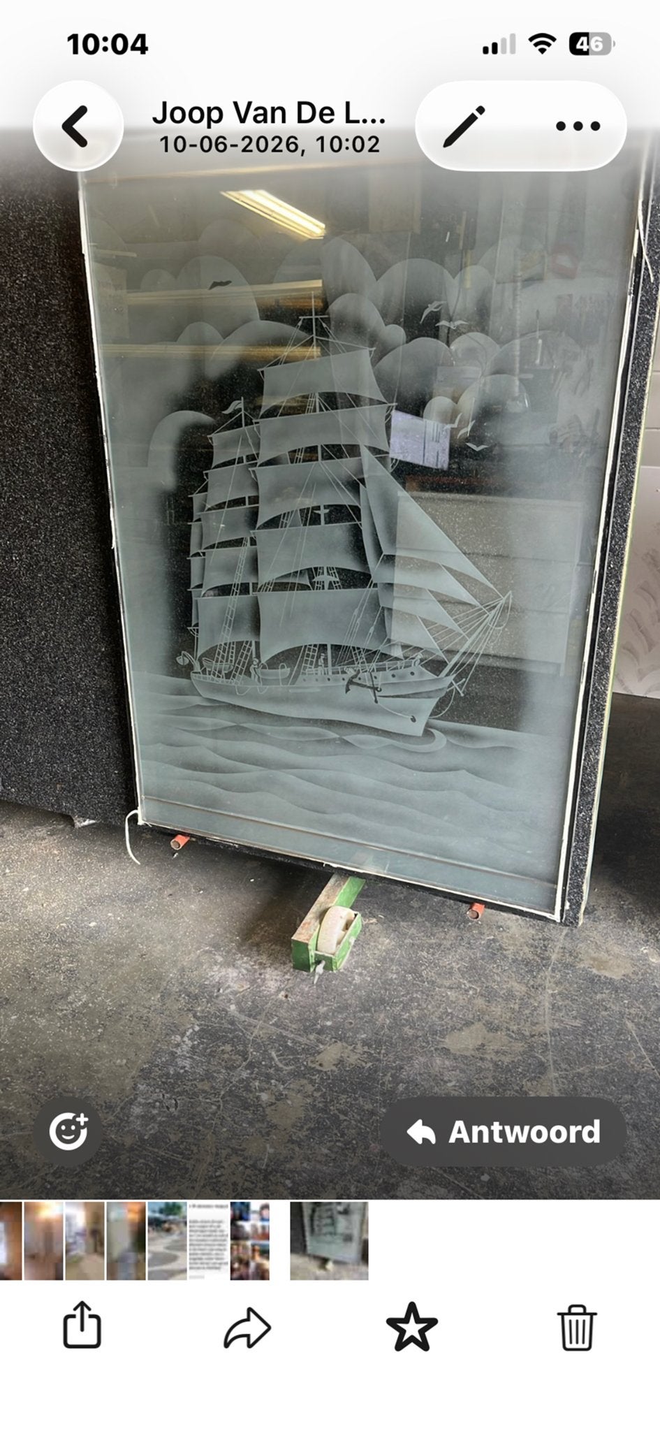 Triple glazen gezandstraald raam met zeilschip, Ophalen, Glas, Handgemaakt, Wanddecoratie