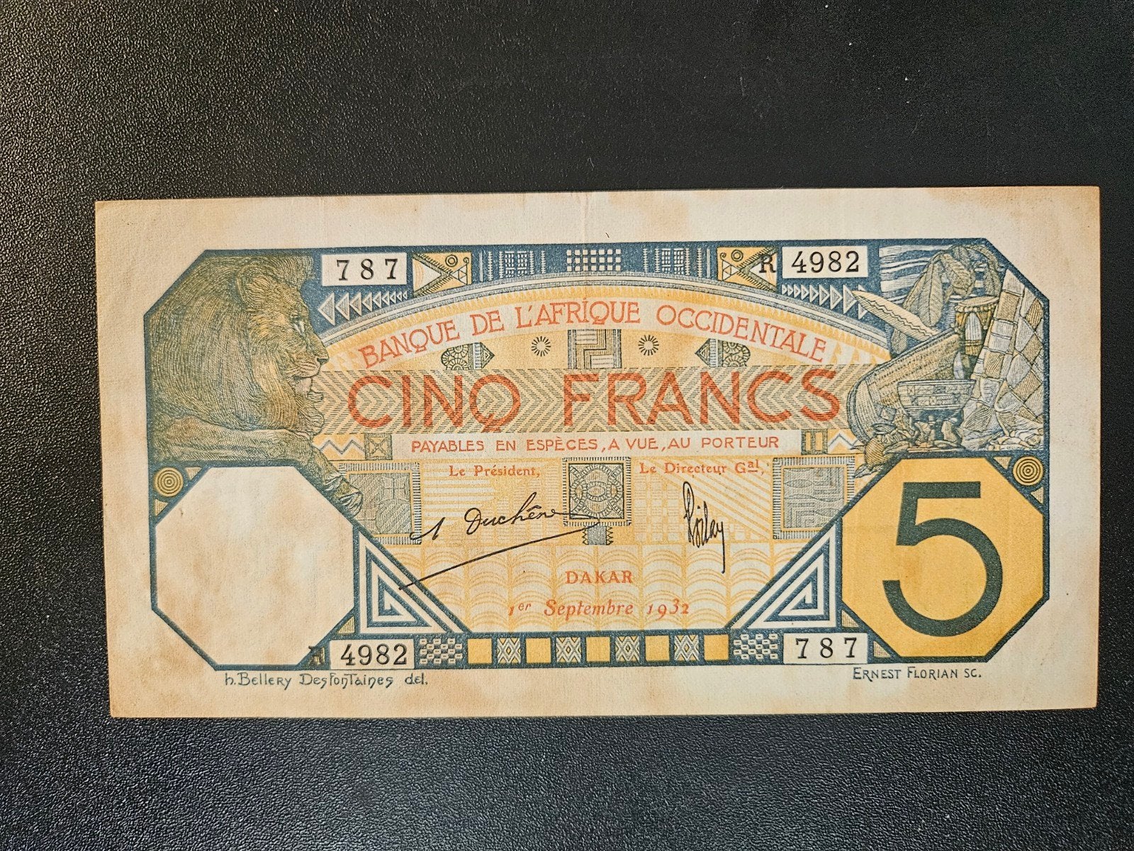 Frans West Afrika, Dakar (Senegal) pick 5Bf 1932, Postzegels en Munten, Bankbiljetten | Afrika, Ophalen of Verzenden, Overige landen