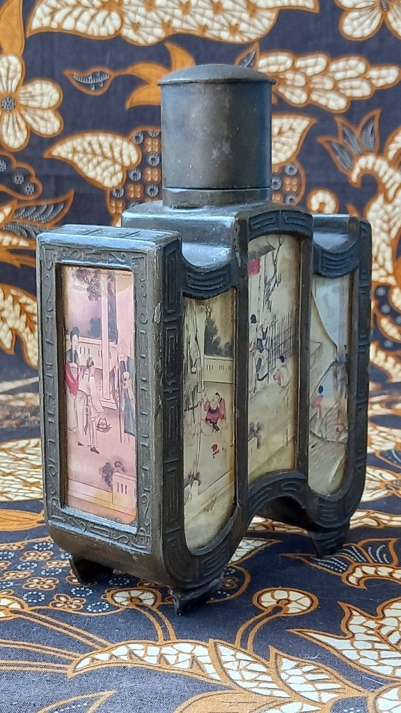 Verbronst tin en glas antieke Chinese theebus 17,7 cm., Meerkleurig, China, Ophalen of Verzenden, Gemerkt