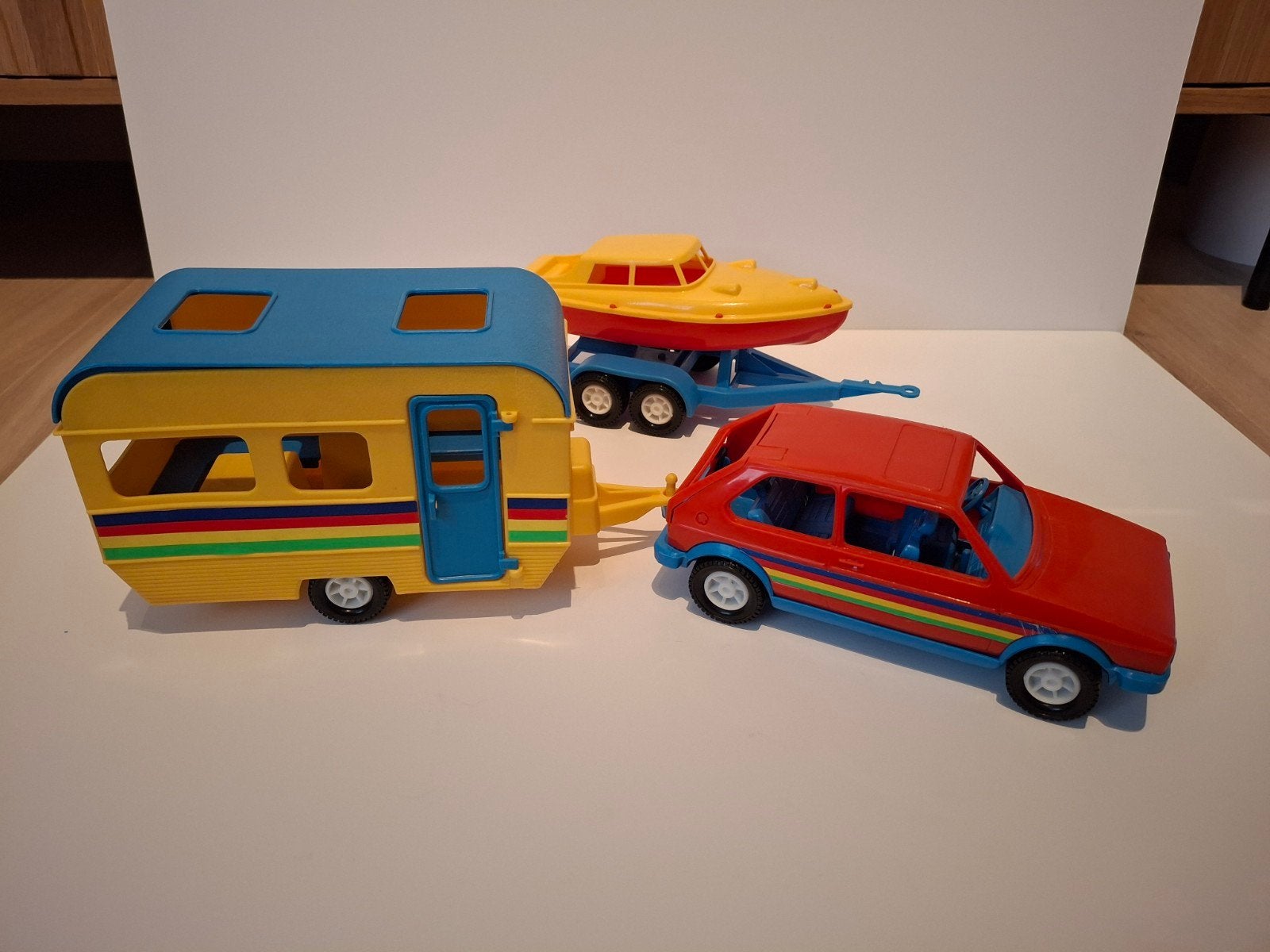 Vintage Wader speelgoed set: auto, caravan, boot met trailer, Ophalen of Verzenden, Gebruikt, Jongen of Meisje