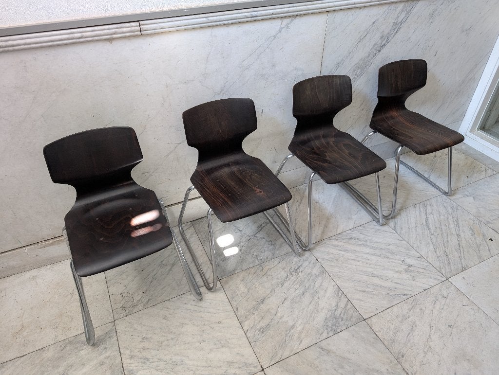 4 vintage Pagholz Elmar Flottoto stoelen, Huis en Inrichting, Stoelen, Ophalen, Mid-century Modern, Gebruikt, Bruin