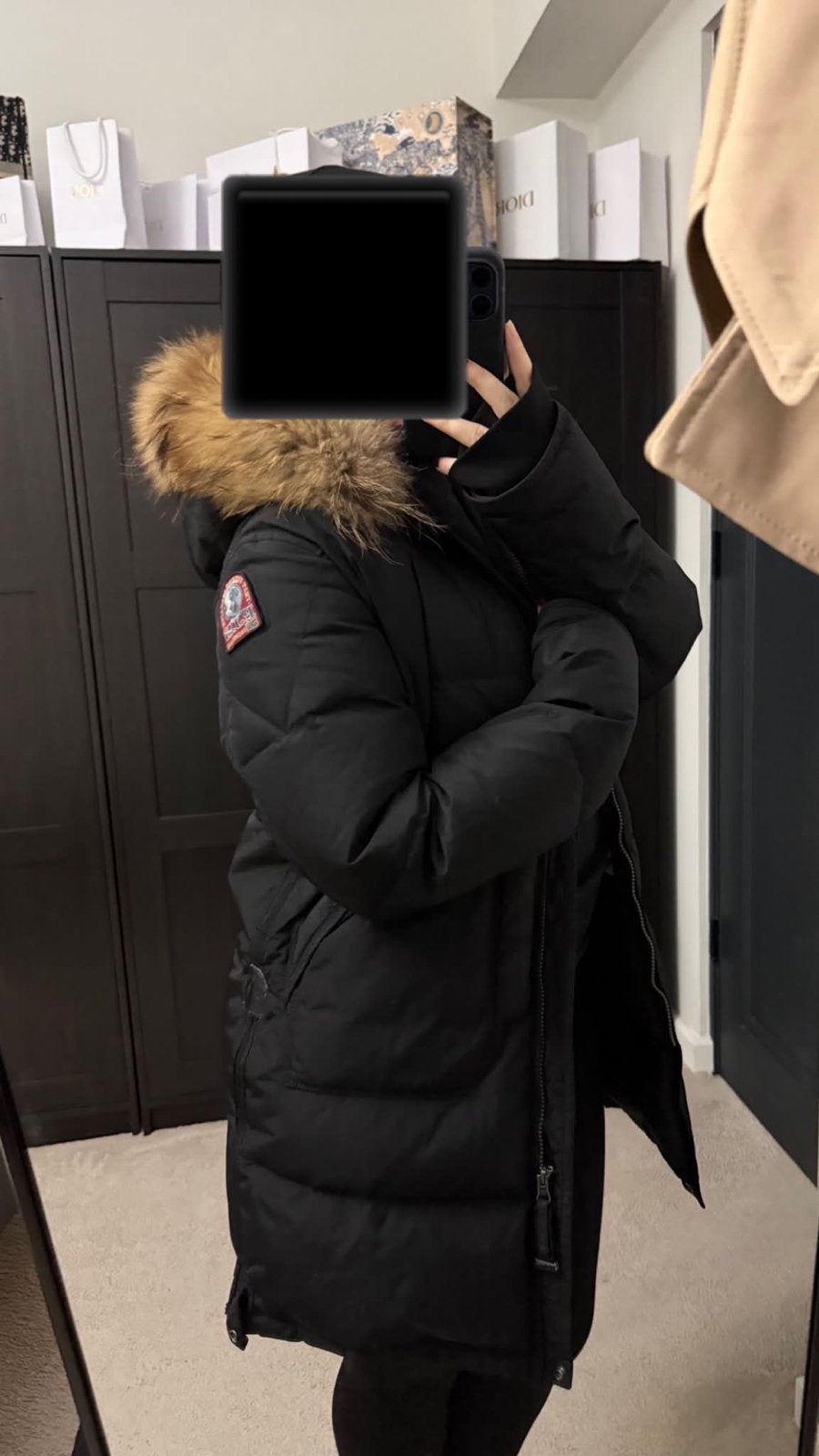 Parajumpers Long Bear donsjas met bontkraag S/M, Ophalen of Verzenden, Zo goed als nieuw, Maat 38/40 (M), Zwart