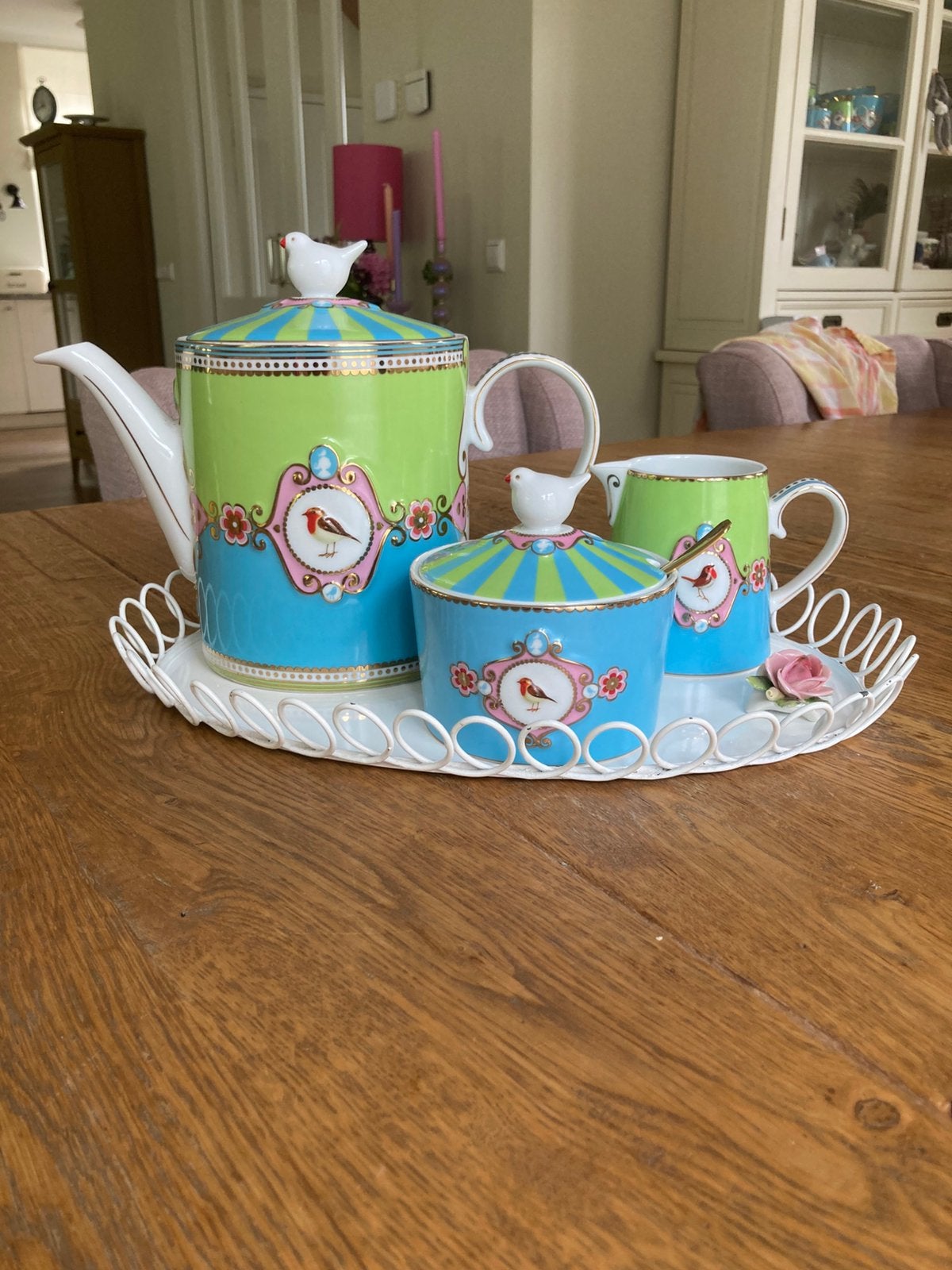Pip Studio Love Birds blauw groen theepot suikerpot melkkan, Ophalen of Verzenden, Zo goed als nieuw, Porselein