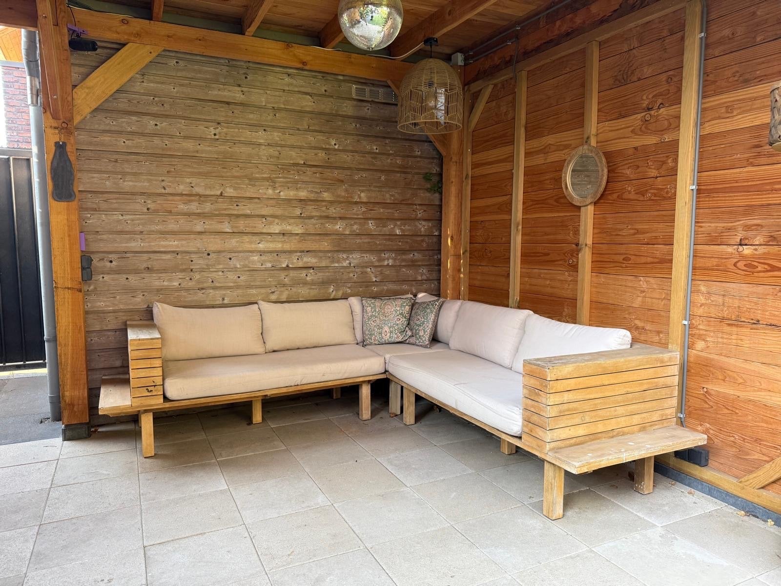 KARWEI Loungeset Lissabon Acaciahout met beige kussens, Ophalen, 5 zitplaatsen, Gebruikt, Loungeset