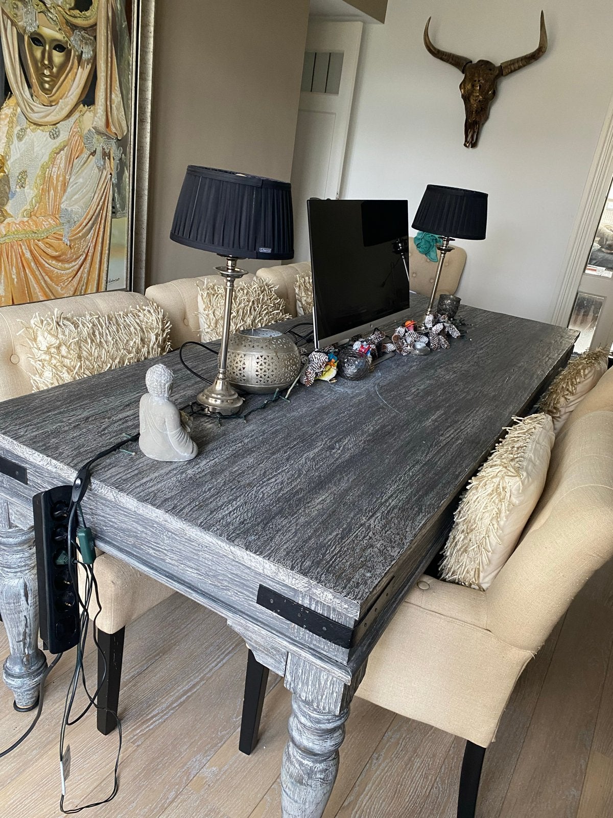 UNIEKE z.g.a.n. grijs houten eettafel 220x90* Van1075 nú 350, Huis en Inrichting, Tafels | Eettafels, Ophalen, Gebruikt, 50 tot 100 cm