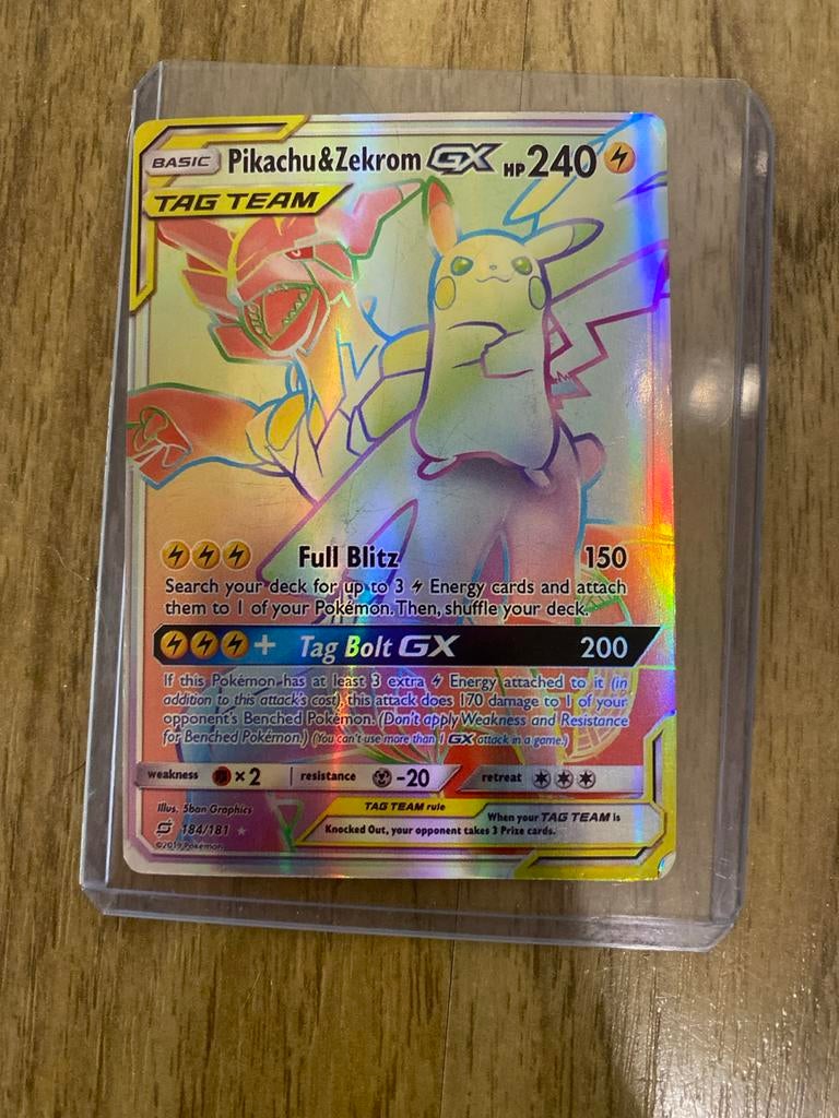 Pikachu & Zekrom GX TAG TEAM Rainbow Rare Pokémon Kaart, Ophalen of Verzenden, Zo goed als nieuw, Losse kaart, Foil