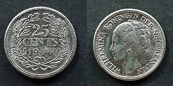 25 cent 1944 ep Pr, Verzenden, Koningin Wilhelmina, 25 cent, Zilver