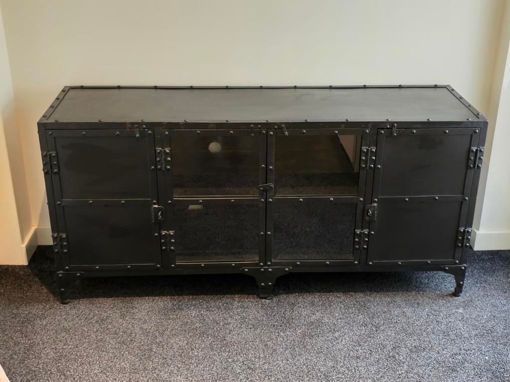Metalen Tv meubel Giga 152x45x71cm, Huis en Inrichting, Ophalen, 150 tot 200 cm, Glas, Industrieel