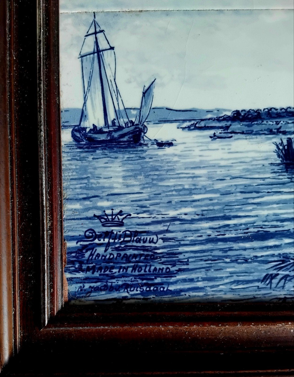 Delfts Blauw Tegeltableau - Hollandse Molen en Zeilschepen, Ophalen