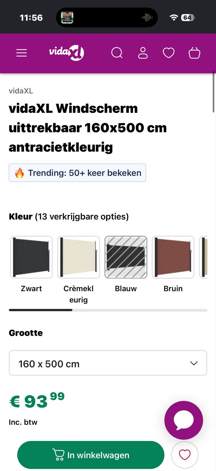 vidaXL Windscherm uittrekbaar 160x500 cm antraciet, Ophalen of Verzenden, Nieuw