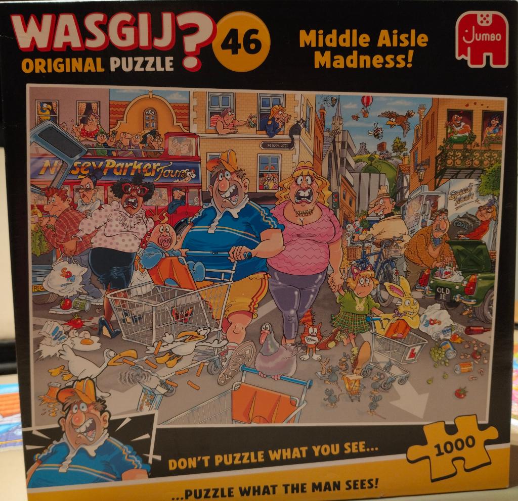 Puzzel Middle aisle madness, Wasgij original 46 te koop, Ophalen, 500 t/m 1500 stukjes, Zo goed als nieuw, Legpuzzel
