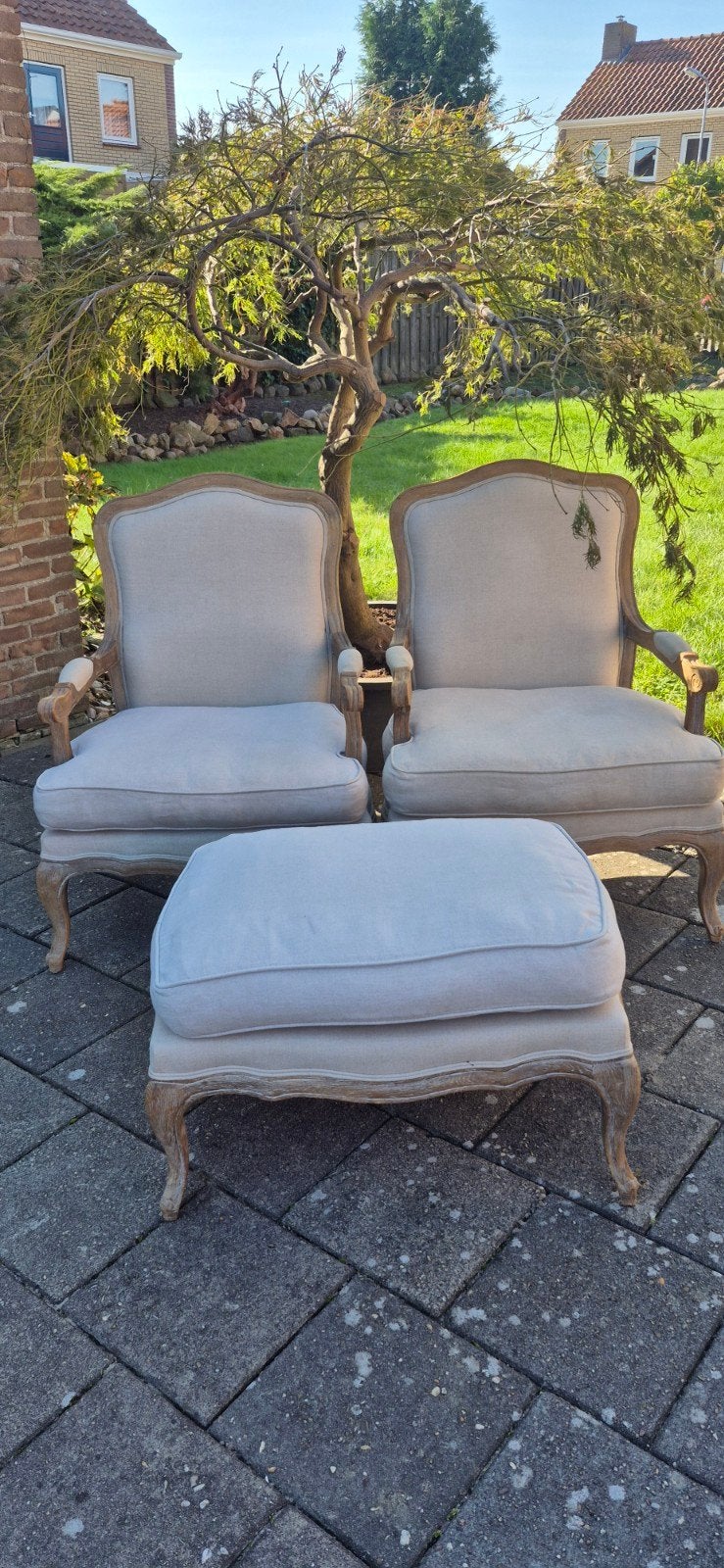twee landelijke brocante fauteuils met hocker, Ophalen, Gebruikt, 75 tot 100 cm, 50 tot 75 cm