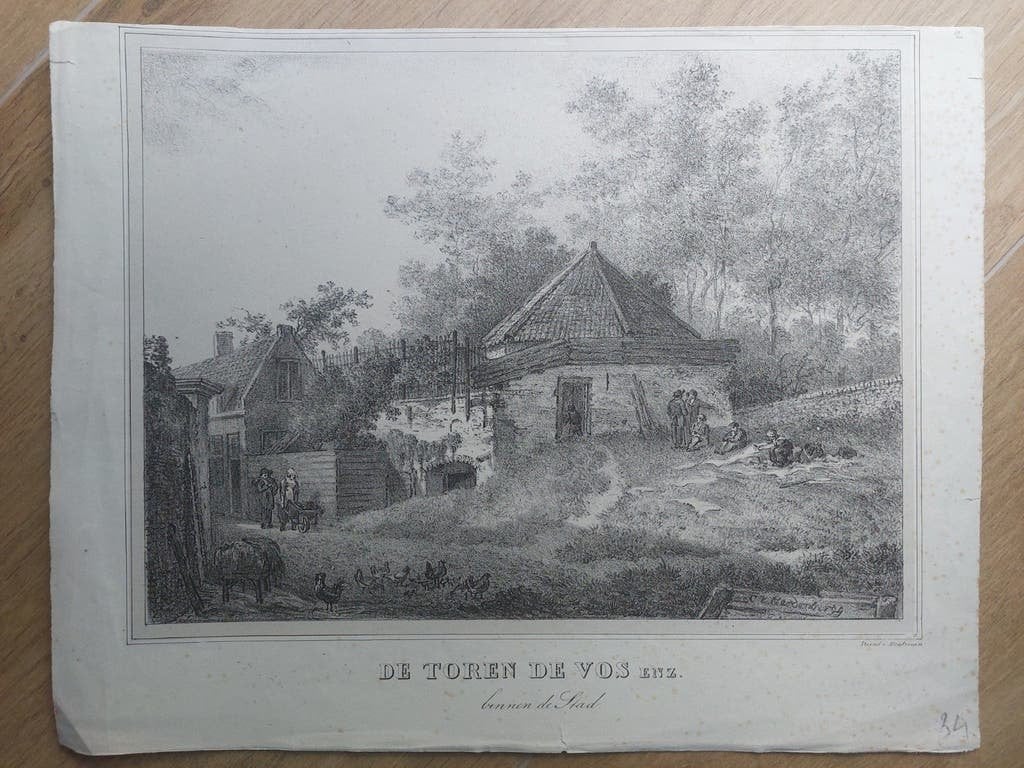 2 / Toren De Vos Utrecht - Originele steendruk 1828-1830, Gesigneerd in de plaat, Ophalen of Verzenden, Kaarten en plattegronden