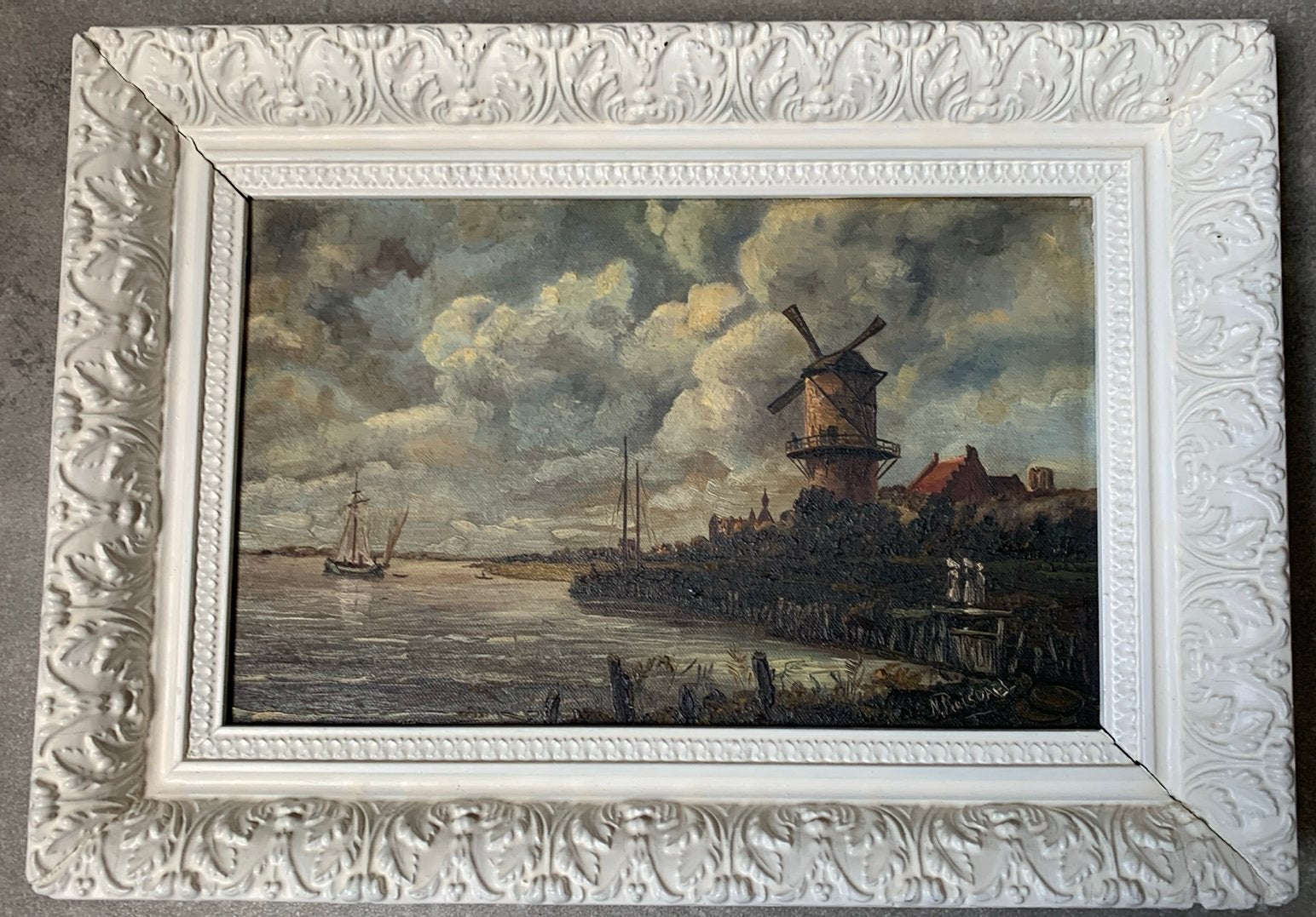 Schilderij (kopie) molen Ruysdael olieverf op doek, Ingelijst, Oud hollands, Stads- / dorpsgezicht, Doek