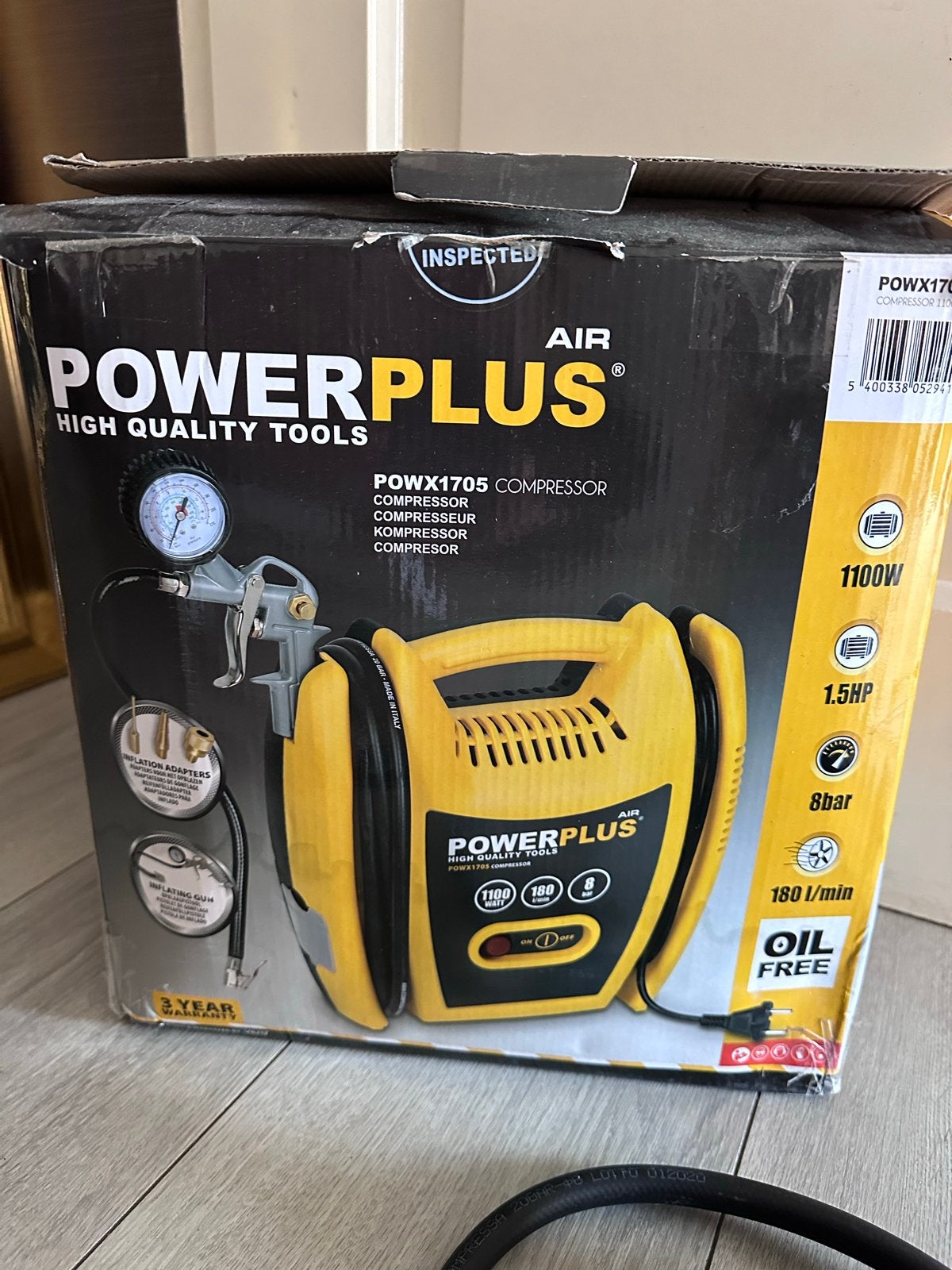 PowerPlus POWX1705 Compressor 1100W 8 bar Olievrij, Ophalen, 6 tot 10 bar, Zo goed als nieuw, Minder dan 200 liter/min