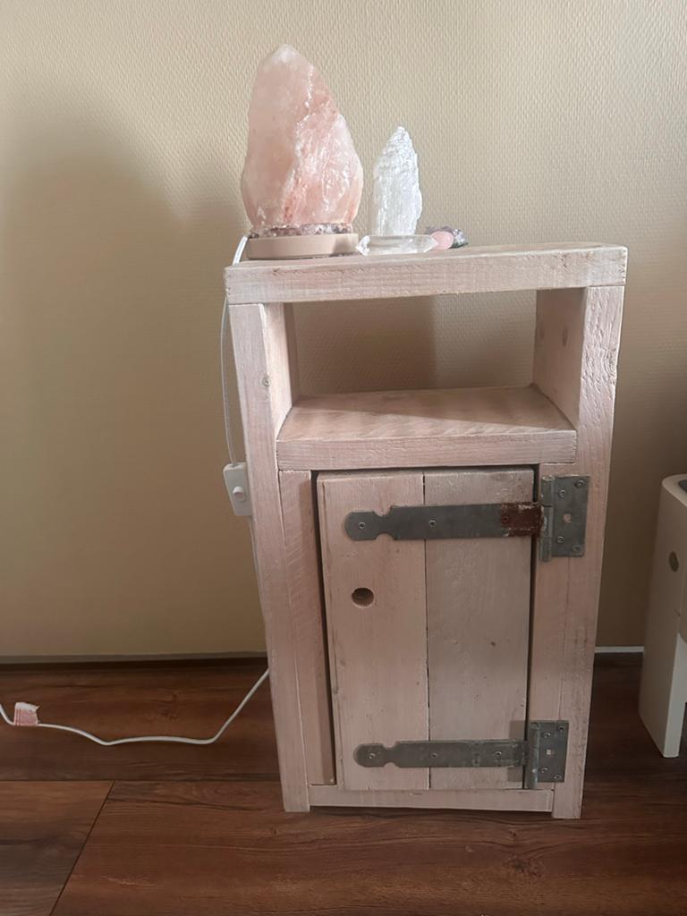 Set van 2 houten nachtkastjes stijgerhout industrieel, Ophalen, Gebruikt, Minder dan 45 cm, 55 tot 70 cm