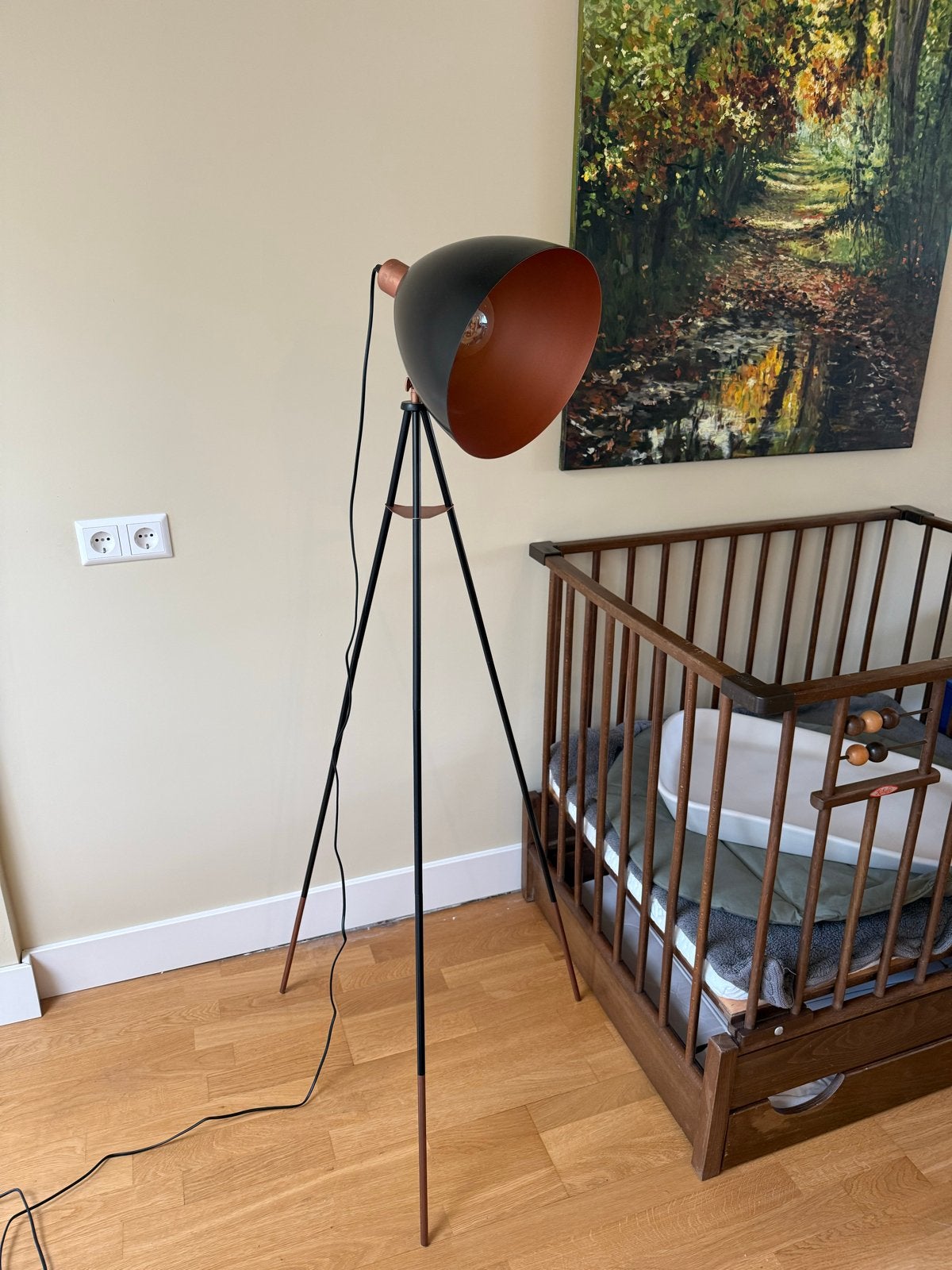 Industriële driepoot vloerlamp zwart koper 145 cm, Huis en Inrichting, Lampen | Vloerlampen, Ophalen, Gebruikt, 100 tot 150 cm