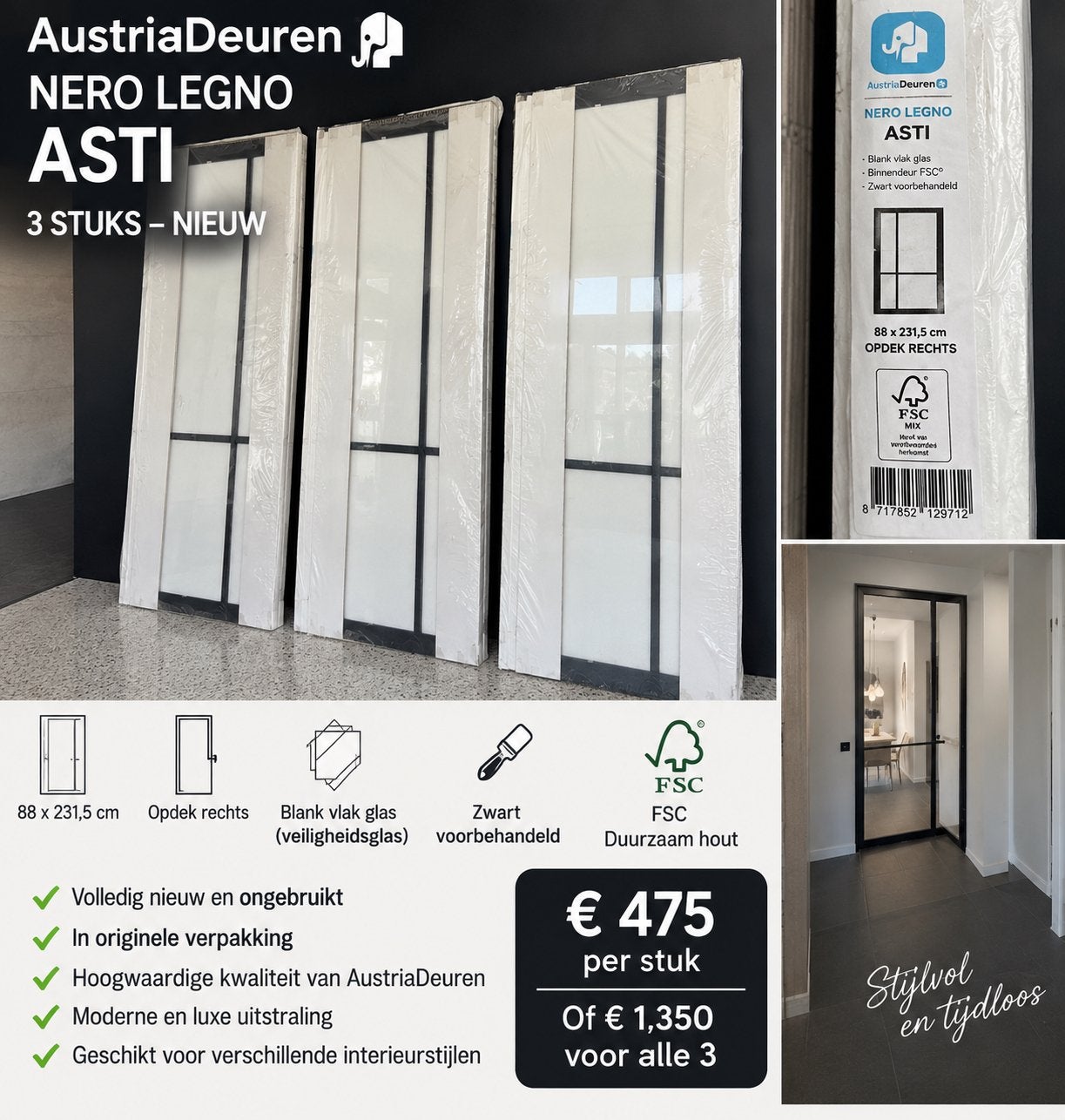 3x AustriaDeuren Nero Legno Asti Binnendeuren Nieuw, Ophalen, 80 tot 100 cm, 215 cm of meer, Binnendeur