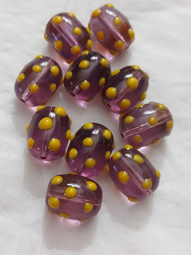 Lichtpaars met gele pukkel lampwork glaskralen, Verzenden, Nieuw, Kraal